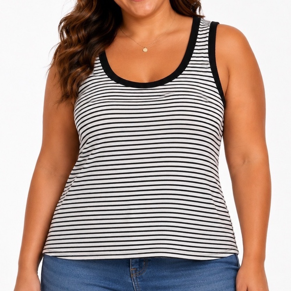 Lane Bryant Striped Ribbed Knit Tank Top Black White Sleeveless Scoop Neck 22/24